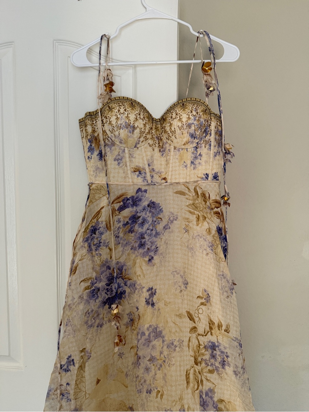 Floral Lace-Trim Bustier Dress in Cream with Blue Floral Print